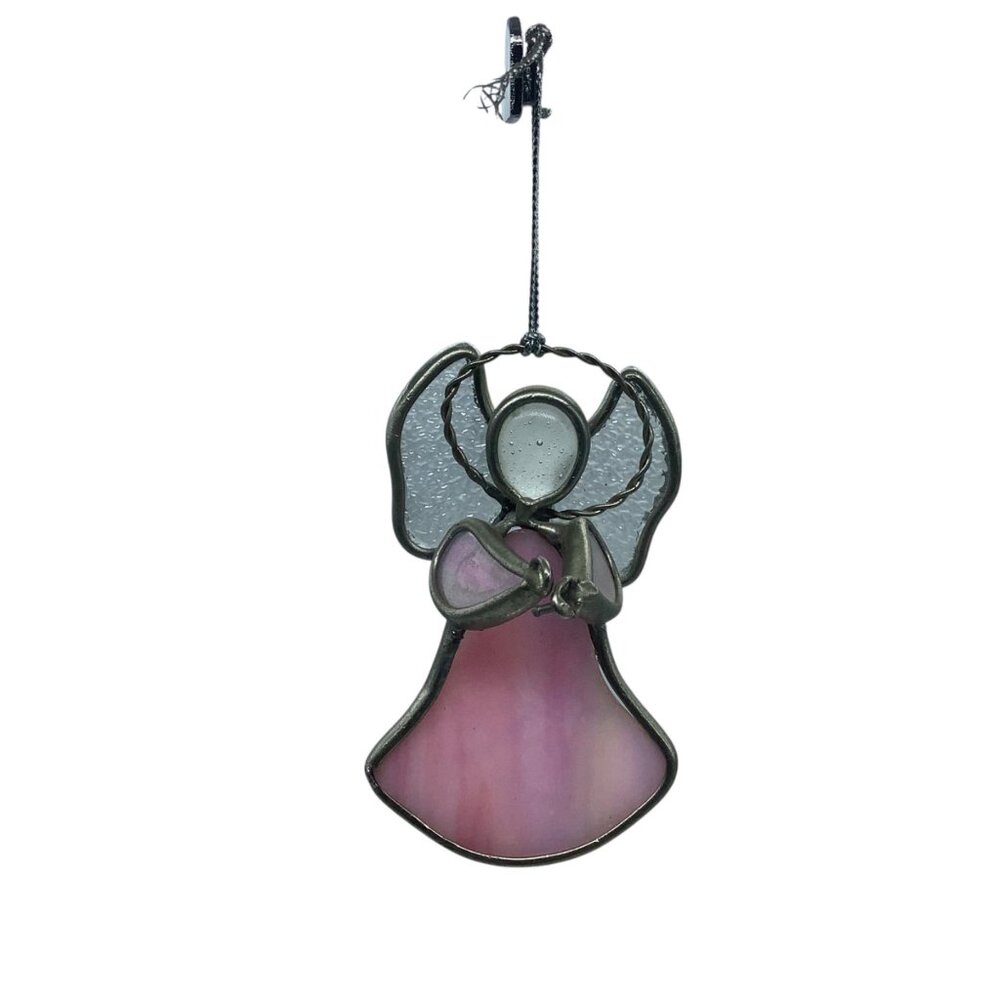 Vtg Stained Glass Angel Ornament Pink‎ & Clear With Wire Halo 3"